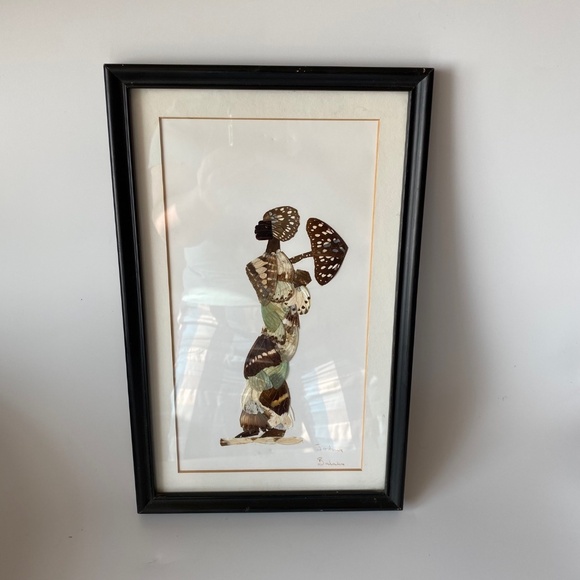 Vintage AFRICAN BUTTERFLY ART Framed Tribal Woman Collage Picture Artist’s Signe - Picture 6 of 6
